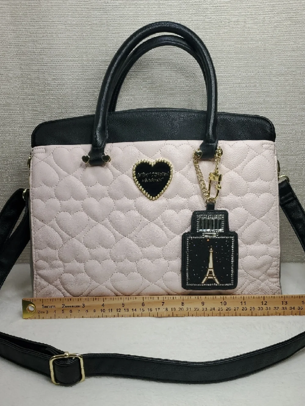 Betsey Johnson Heart Quilted Pink Black Grey Satchel Eiffel Tower Bag Charm